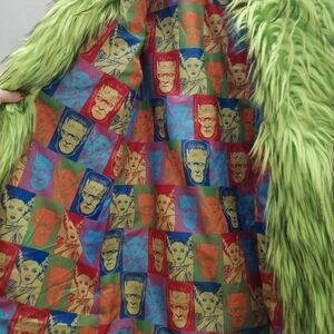 Vibrant Green Faux Fur Coat with Pop Art Lining
